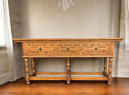 Saint-Suliac Console Table, Antique Brown, Carved Front Panels With Metal Ring Pulls