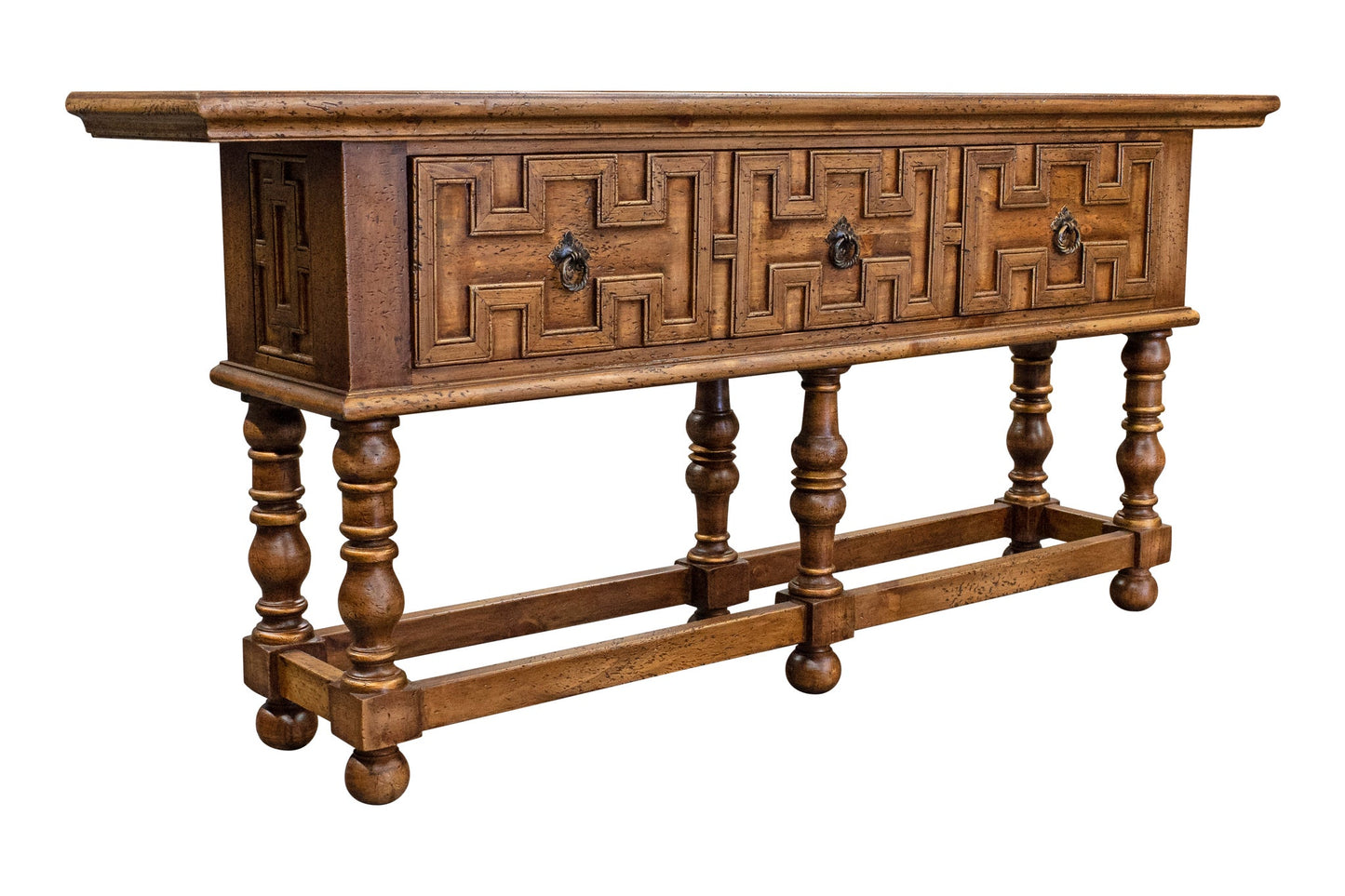 Saint-Suliac Console Table, Antique Brown, Carved Front Panels With Metal Ring Pulls