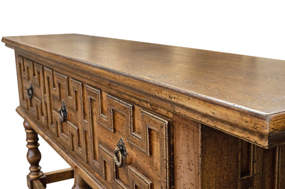 Saint-Suliac Console Table, Antique Brown, Carved Front Panels With Metal Ring Pulls