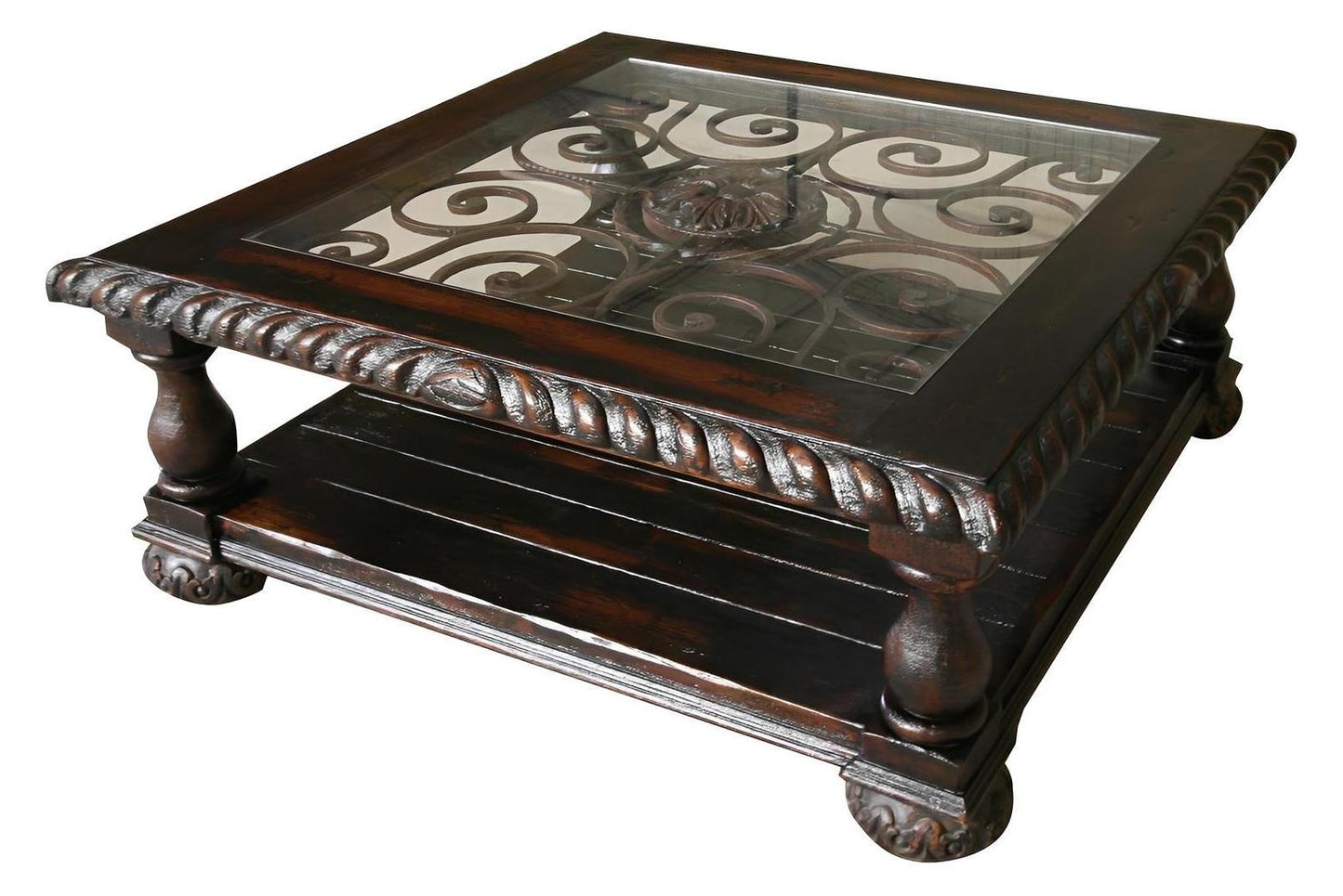Perros-Guirec Coffee table - Rectangle, Dark Espresso, Glass-Inset Top With Decorative Wrought-Iron Scrollwork