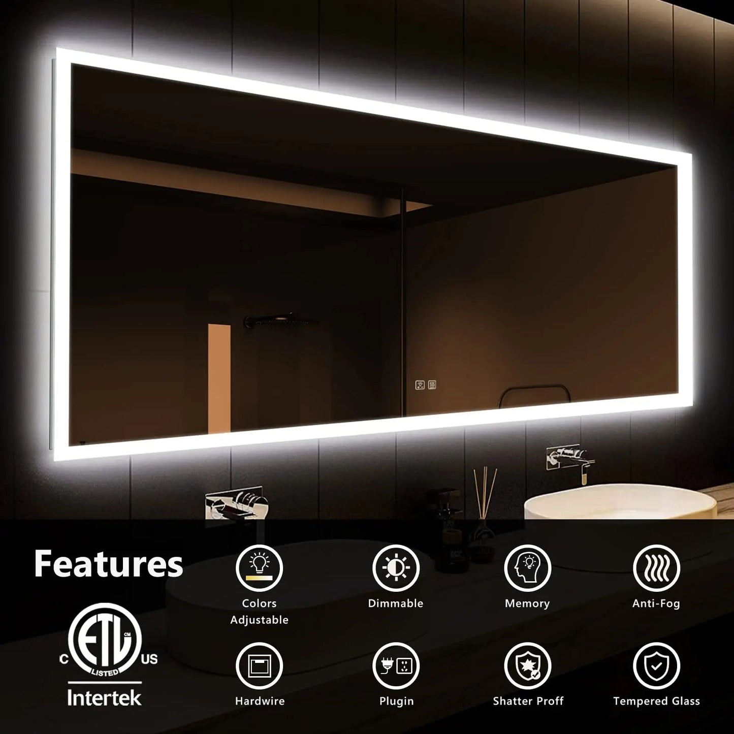 Edge Glow LED Bathroom Mirror (50+ in) - Adjustable Brightness and Color Temperature - Anti-Fog