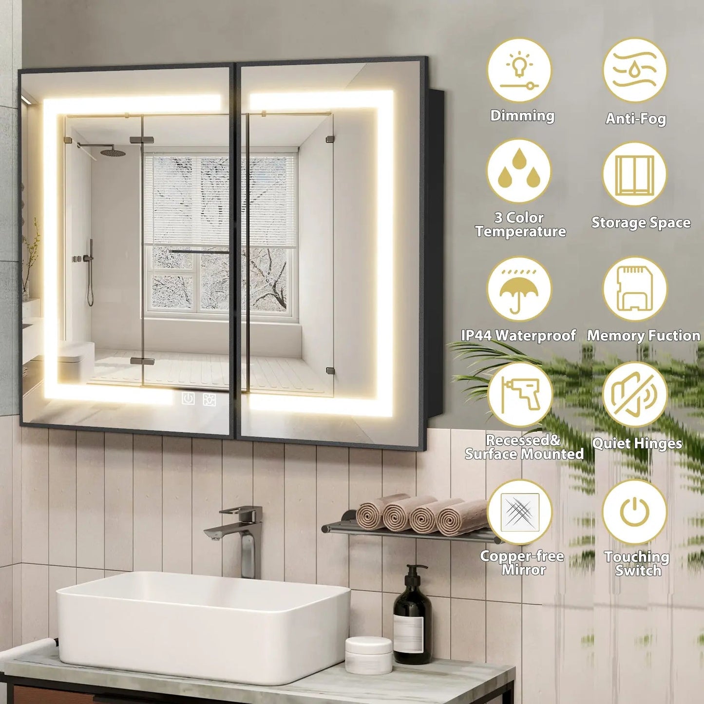 Framed Recessed Bathroom Vanity LED Mirror and Medicine Cabinet (30-40 in) - Adjustable Brightness and Color Temperature - Anti-Fog
