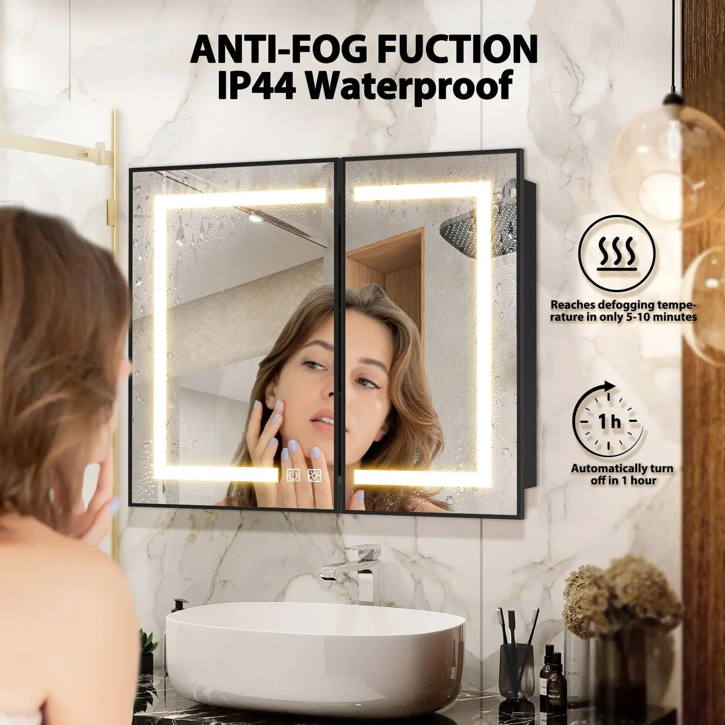 Framed Recessed Bathroom Vanity LED Mirror and Medicine Cabinet (30-40 in) - Adjustable Brightness and Color Temperature - Anti-Fog