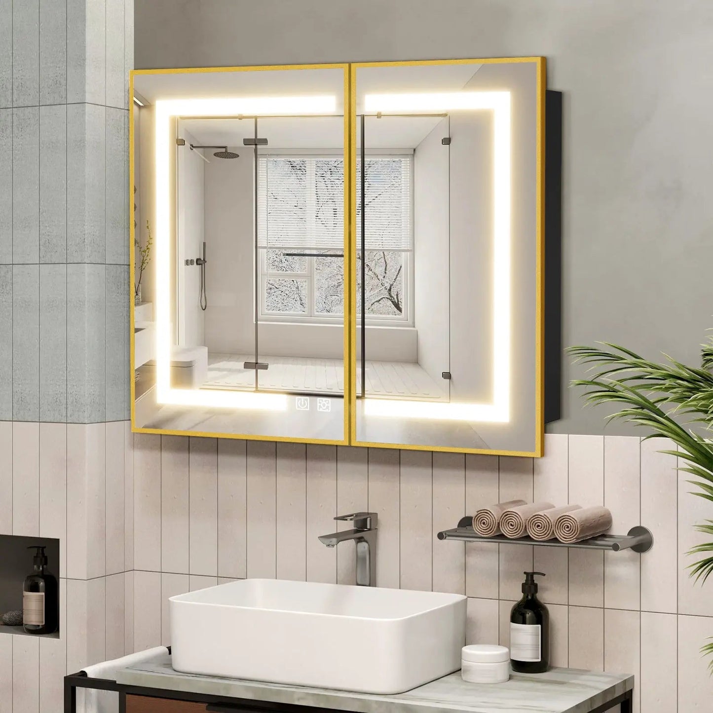 Framed Recessed Bathroom Vanity LED Mirror and Medicine Cabinet (30-40 in) - Adjustable Brightness and Color Temperature - Anti-Fog