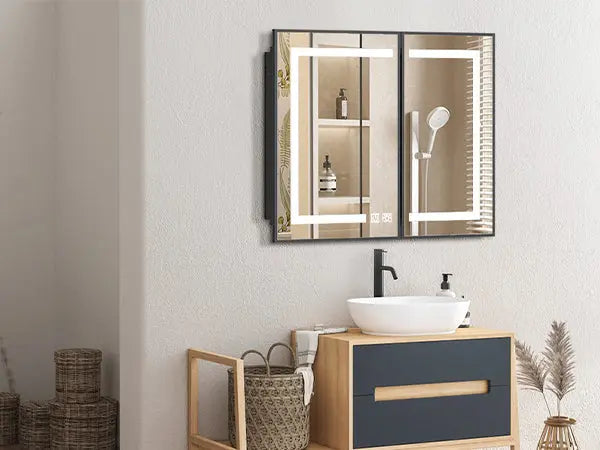 Framed Recessed Bathroom Vanity LED Mirror and Medicine Cabinet (30-40 in) - Adjustable Brightness and Color Temperature - Anti-Fog