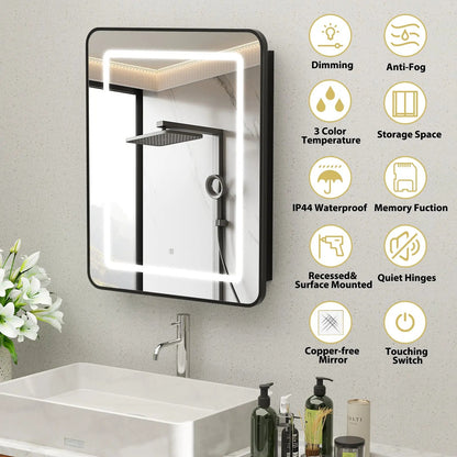 Framed Recessed Bathroom Vanity LED Mirror and Medicine Cabinet (16-30 in) - Adjustable Brightness and Color Temperature - Anti-Fog
