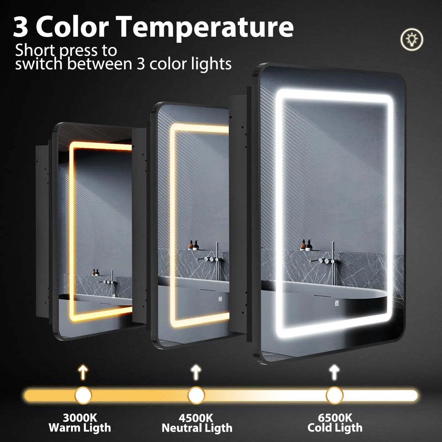 Framed Recessed Bathroom Vanity LED Mirror and Medicine Cabinet (16-30 in) - Adjustable Brightness and Color Temperature - Anti-Fog