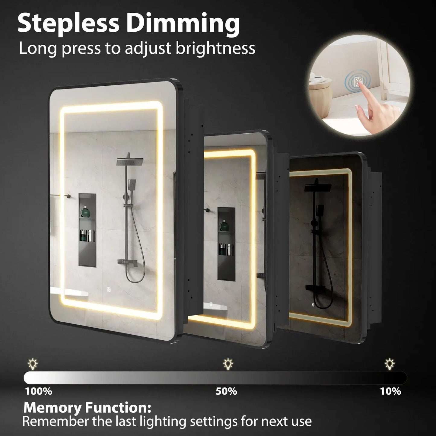 Framed Recessed Bathroom Vanity LED Mirror and Medicine Cabinet (16-30 in) - Adjustable Brightness and Color Temperature - Anti-Fog