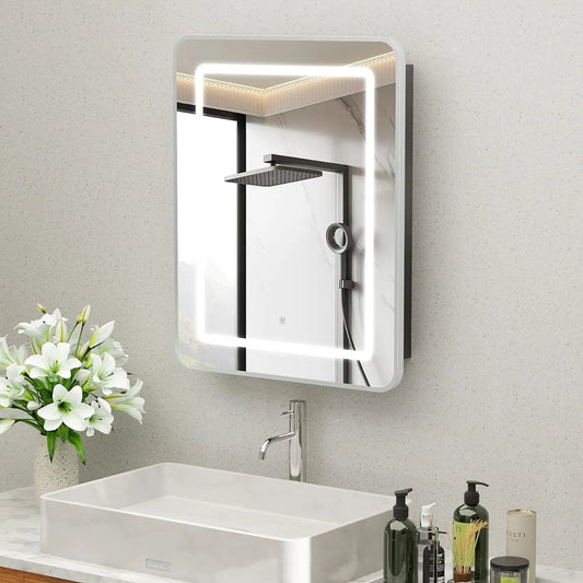 Framed Recessed Bathroom Vanity LED Mirror and Medicine Cabinet (16-30 in) - Adjustable Brightness and Color Temperature - Anti-Fog