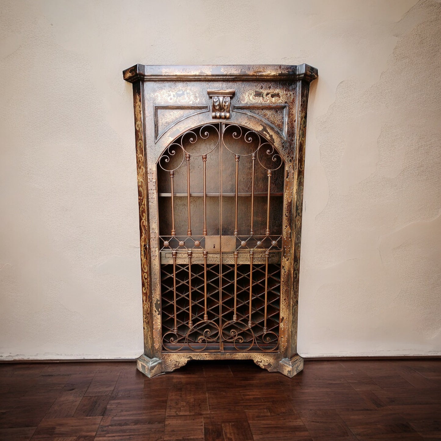 Amboise Armoire, Wine Cabinet, Antique Bronze Finish, Arched Wrought-Iron Grille