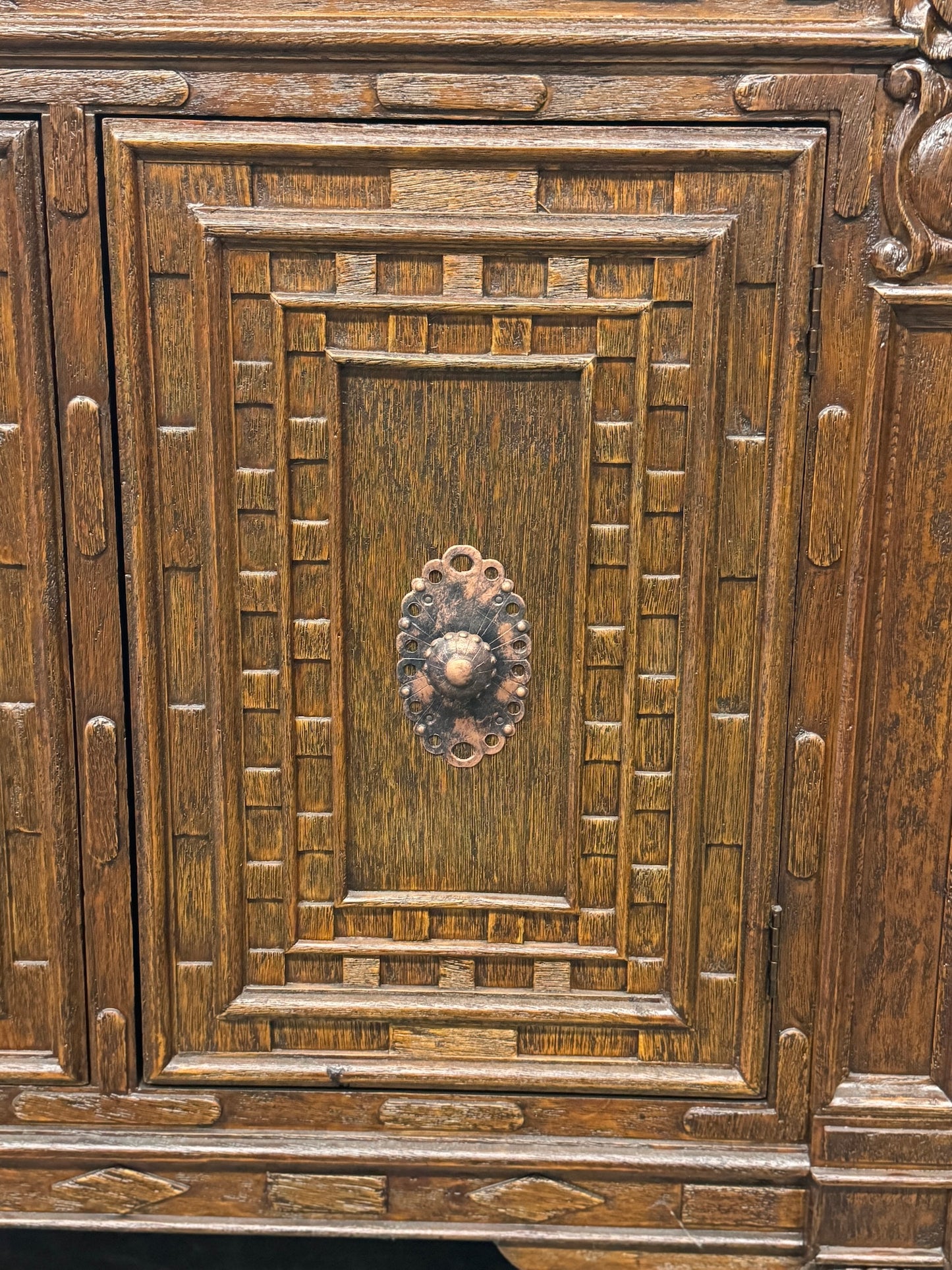 Lectoure Chest, Antique Brown, Hand Crafted Geometric Panel Details With Rosette Hardware