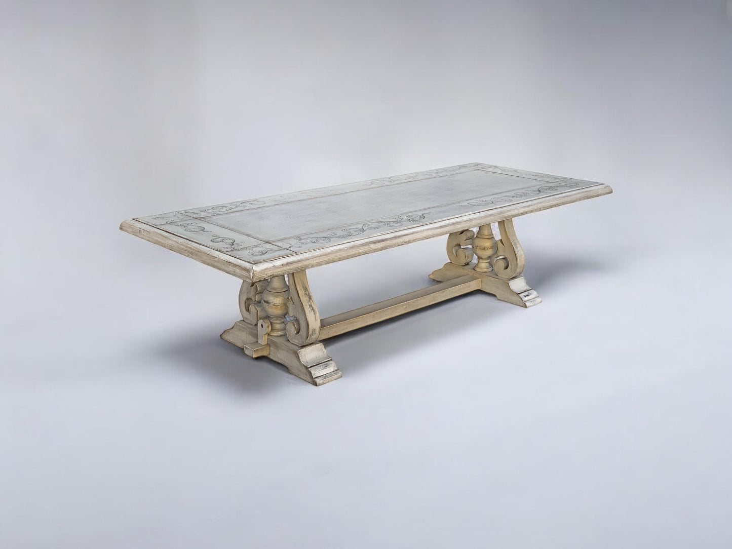 Usson Dining Table - Rectangular, Weathered Whitewash, Ornate Carved Trestle Base