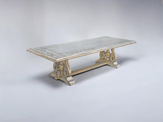 Usson Dining Table - Rectangular, Weathered Whitewash, Ornate Carved Trestle Base