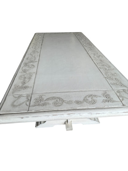 Usson Dining Table - Rectangular, Weathered Whitewash, Ornate Carved Trestle Base