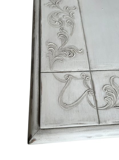 Usson Dining Table - Rectangular, Weathered Whitewash, Ornate Carved Trestle Base