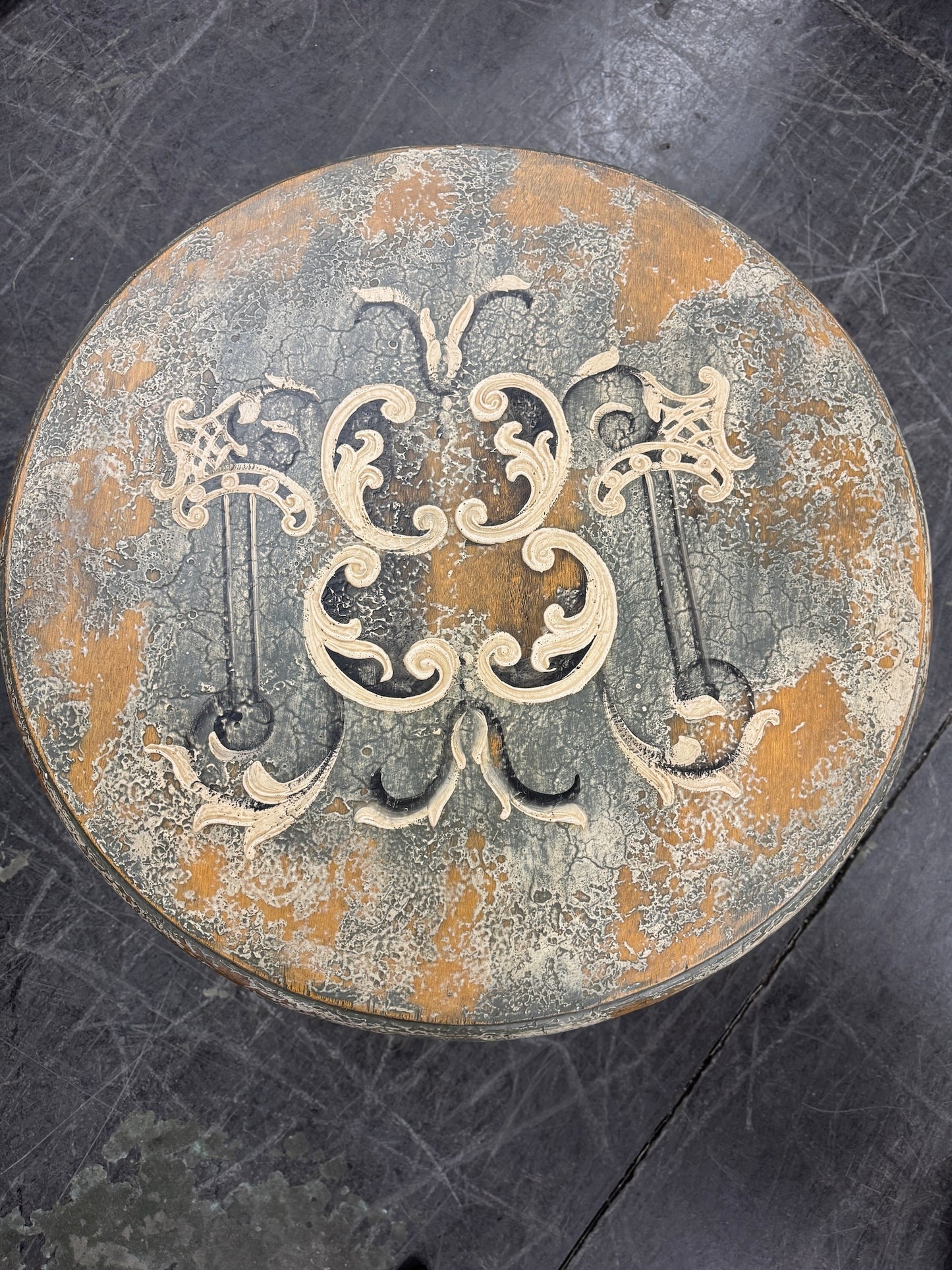 Pontarlier Round Counter Height Table, Black, Intricately Carved Scrollwork Top Surface