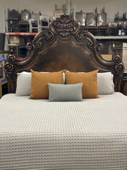 MARQUEZA KING BED 87" Tall | Luxury French European Style | Rustic Brown Hand Carved Solid Wood | Bed Only | Includes Delivery and Assembly