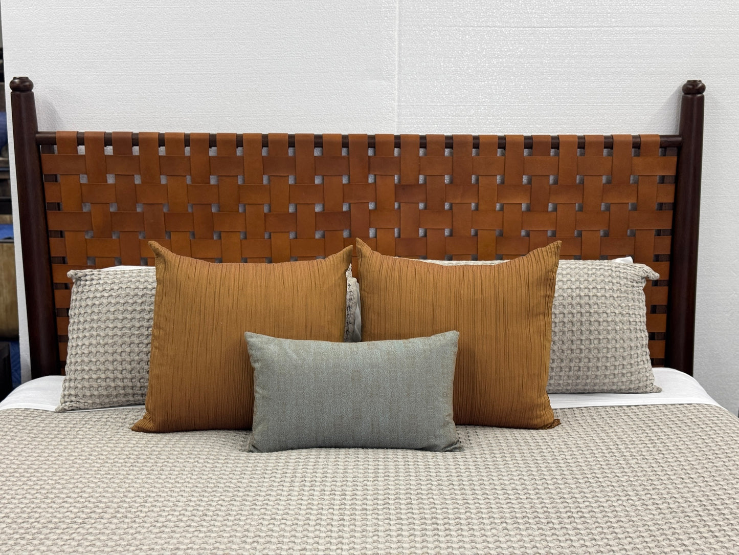 Ariel King Bed | Tan Woven Leather Headboard, Footboard, Dark Brown Wooden Frame | Bed Only | Includes Delivery and Assembly