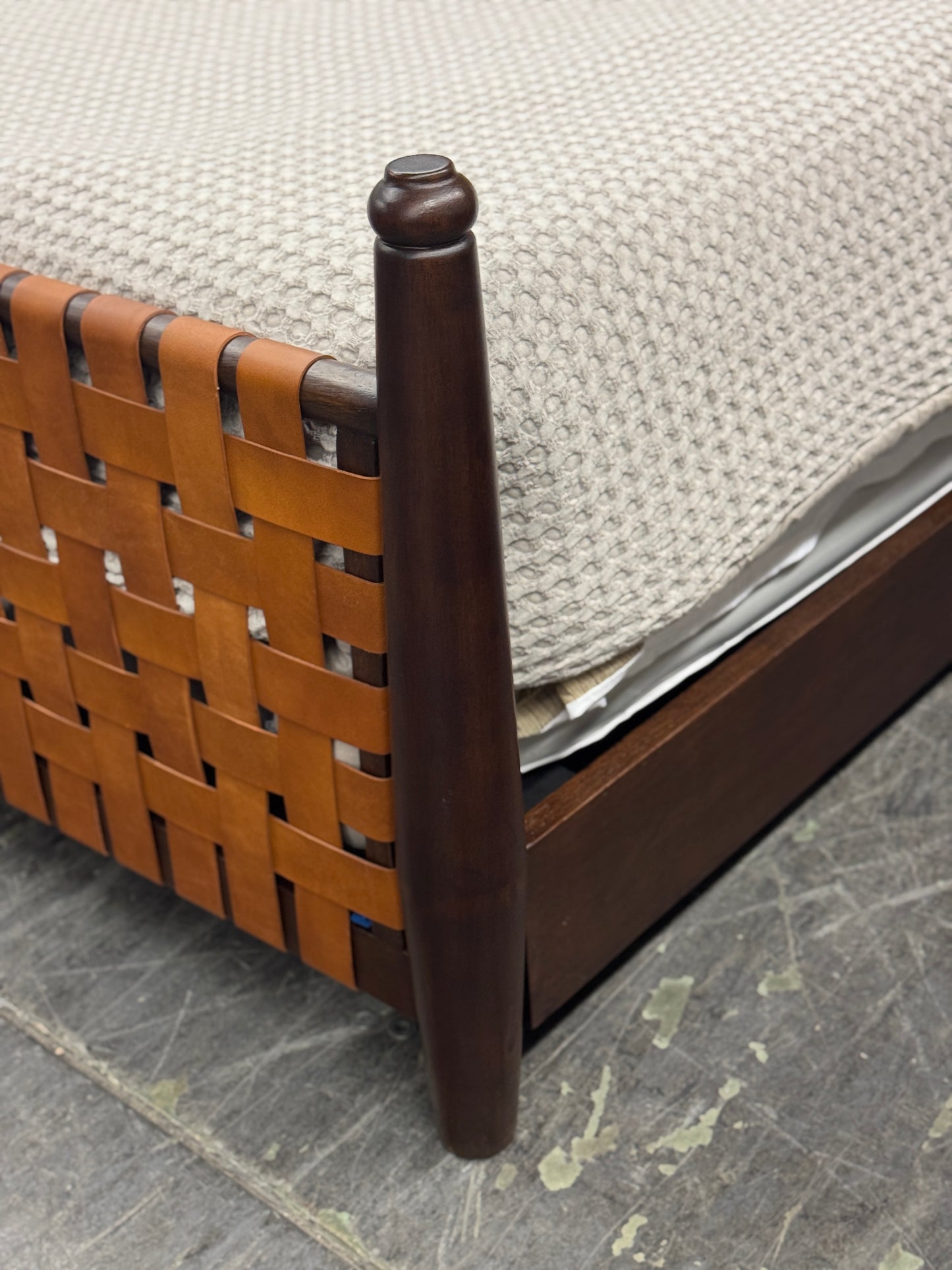 Ariel King Bed | Tan Woven Leather Headboard, Footboard, Dark Brown Wooden Frame | Bed Only | Includes Delivery and Assembly