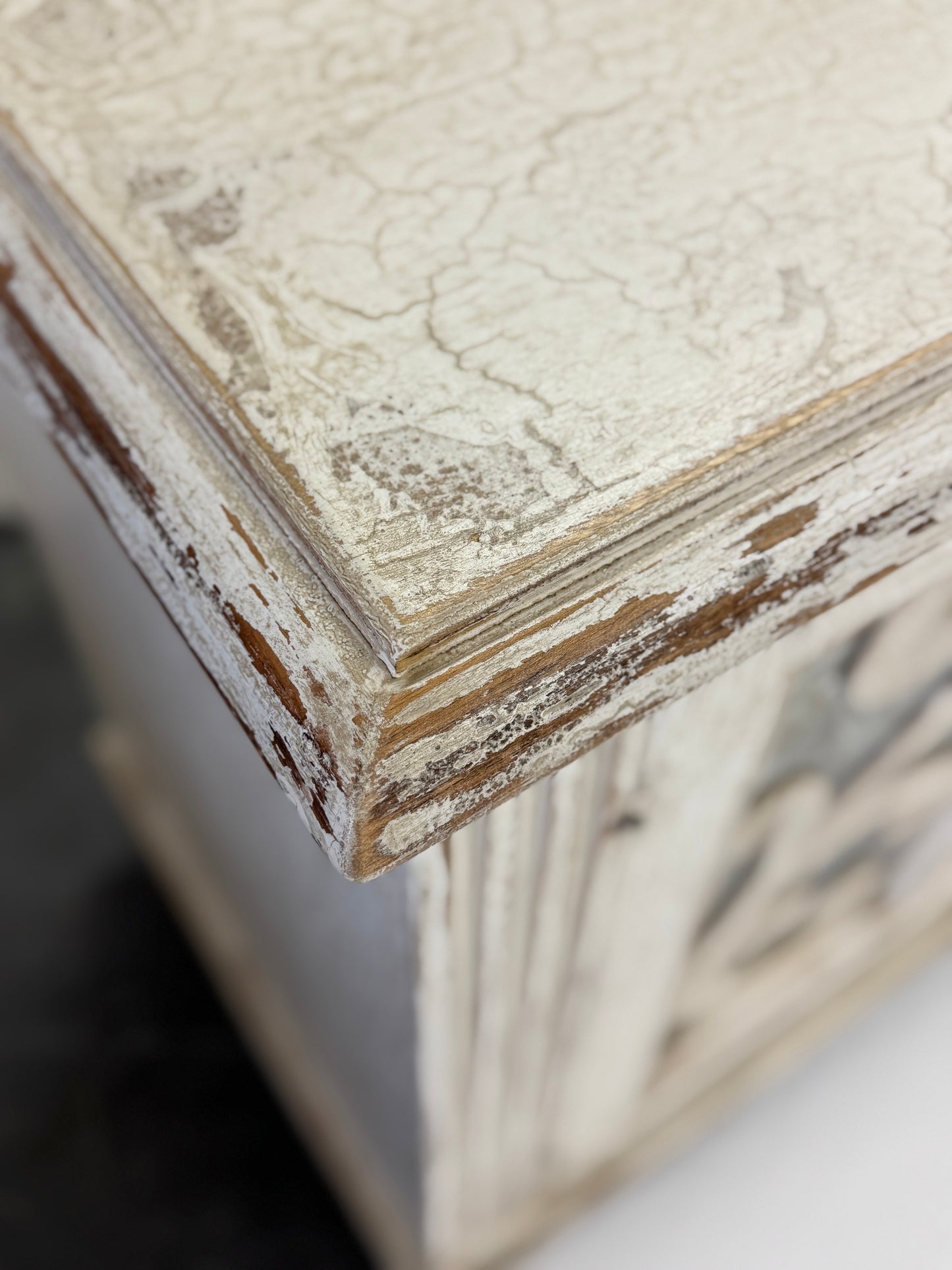 Eze Nightstand Chests (2-Pack), Distressed White, Rustic Scrollwork Glass Panels, Antique Pewter Hardware