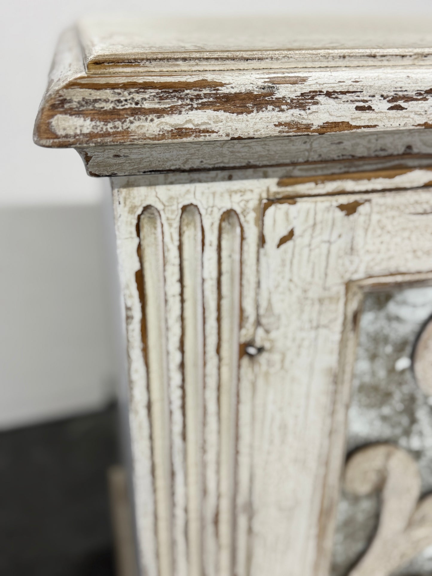 Eze Nightstand Chests (2-Pack), Distressed White, Rustic Scrollwork Glass Panels, Antique Pewter Hardware