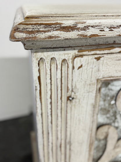 Eze Nightstand Chests (2-Pack), Distressed White, Rustic Scrollwork Glass Panels, Antique Pewter Hardware