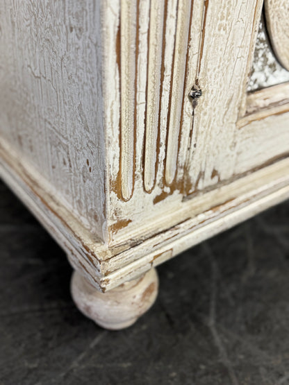 Eze Nightstand Chests (2-Pack), Distressed White, Rustic Scrollwork Glass Panels, Antique Pewter Hardware