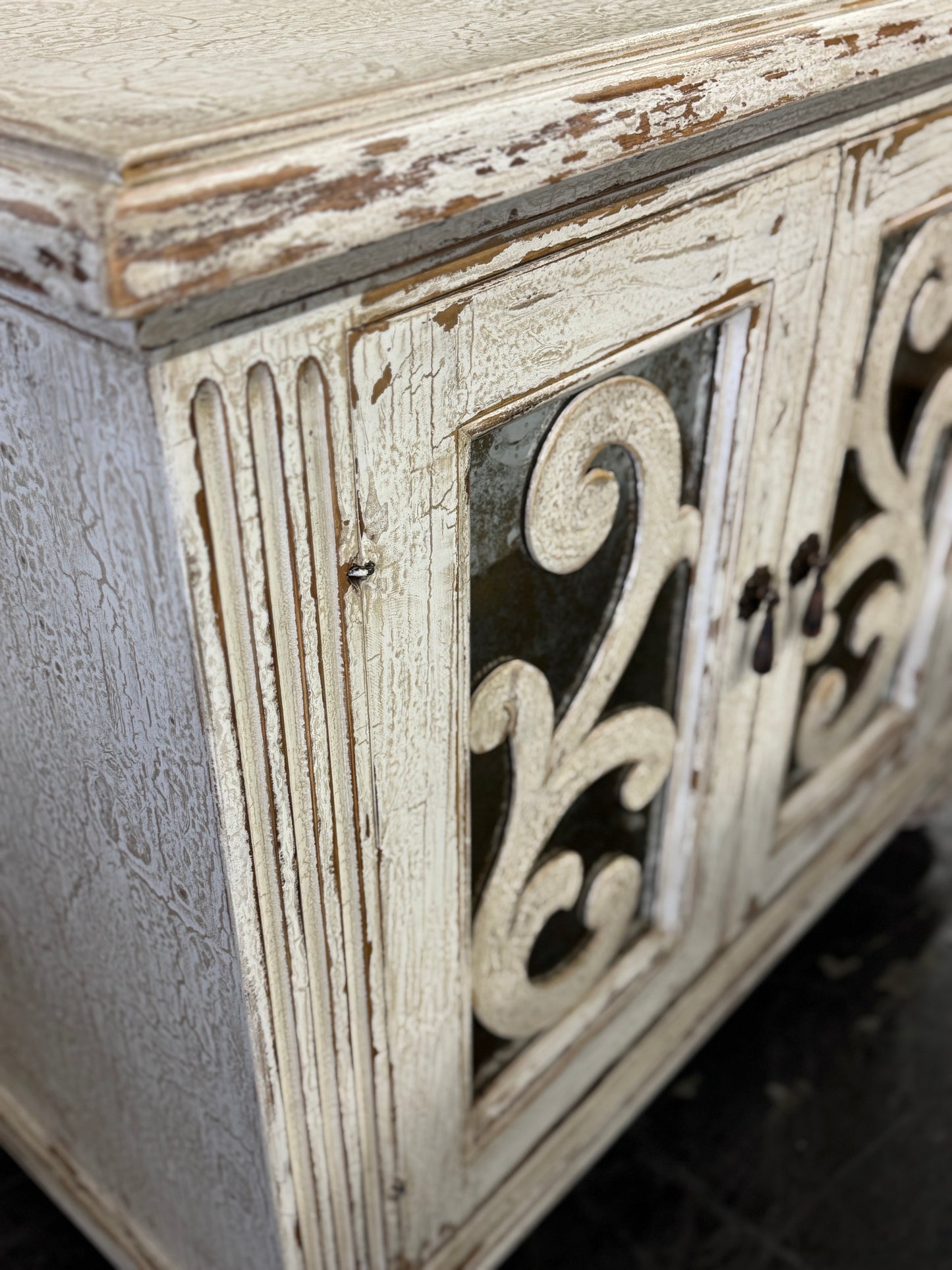 Eze Nightstand Chests (2-Pack), Distressed White, Rustic Scrollwork Glass Panels, Antique Pewter Hardware