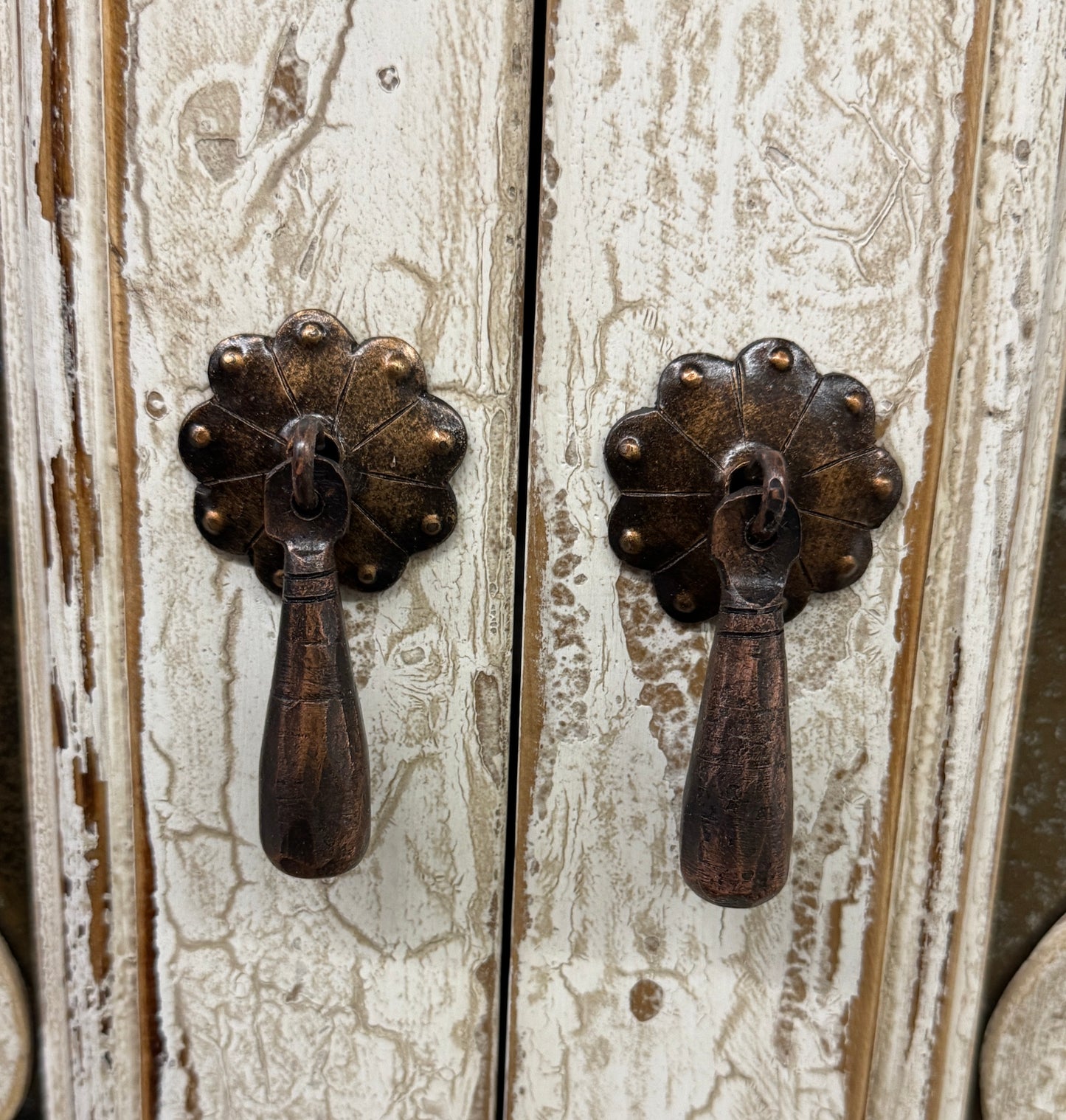 Eze Nightstand Chests (2-Pack), Distressed White, Rustic Scrollwork Glass Panels, Antique Pewter Hardware