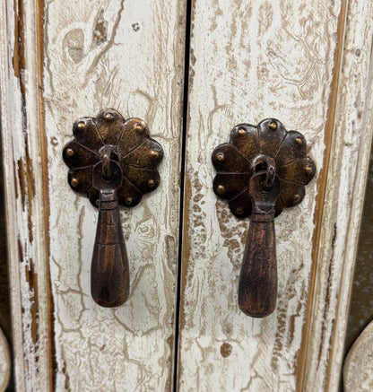 Eze Nightstand Chests (2-Pack), Distressed White, Rustic Scrollwork Glass Panels, Antique Pewter Hardware