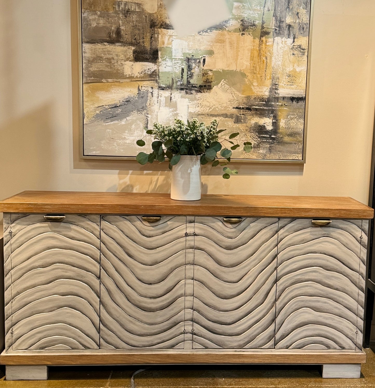 Martigne-Briand Grey Wave Dining Room Buffet Table With Natural Oak Top Handcrafted - 17.5 x 75.5 x 36