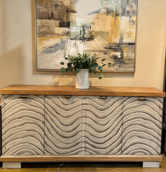 Martigne-Briand Grey Wave Dining Room Buffet Table With Natural Oak Top Handcrafted - 17.5 x 75.5 x 36