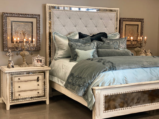 MADELEINE BED KING 87" Tall | Antique Mirror Details | Tufted Fabric Headboard | White Wood Frame | Bed Only | Includes Delivery and Assembly