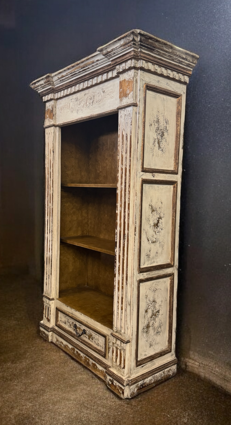 Chinon Bookcase, Distressed White, Mantel Style With Carved Details And Fluted Pillars