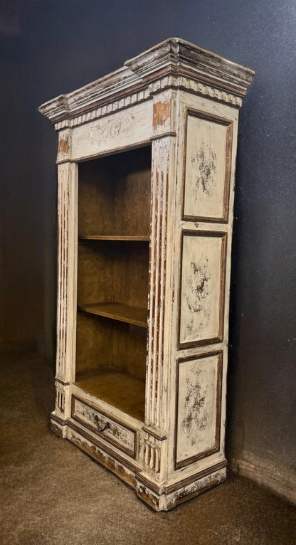 Chinon Bookcase, Distressed White, Mantel Style With Carved Details And Fluted Pillars