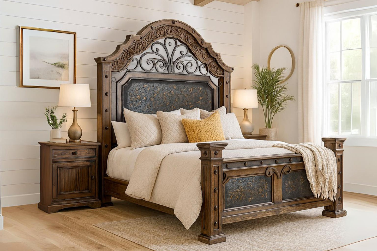 Canyon Charm Rustic Walnut Wood Bedroom Set, Hand-carved, Iron, Leather - Includes Full Service Delivery