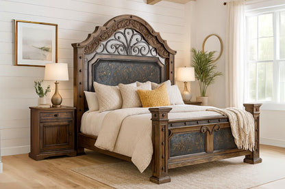 Canyon Charm Rustic Walnut Wood Bedroom Set, Hand-carved, Iron, Leather - Includes Full Service Delivery