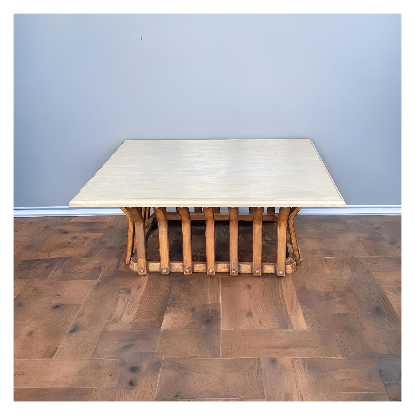 Pont-Aven Coffee table - Rectangle, Cream Top, Slatted Curved Wooden Base, Vintage Rustic Finish