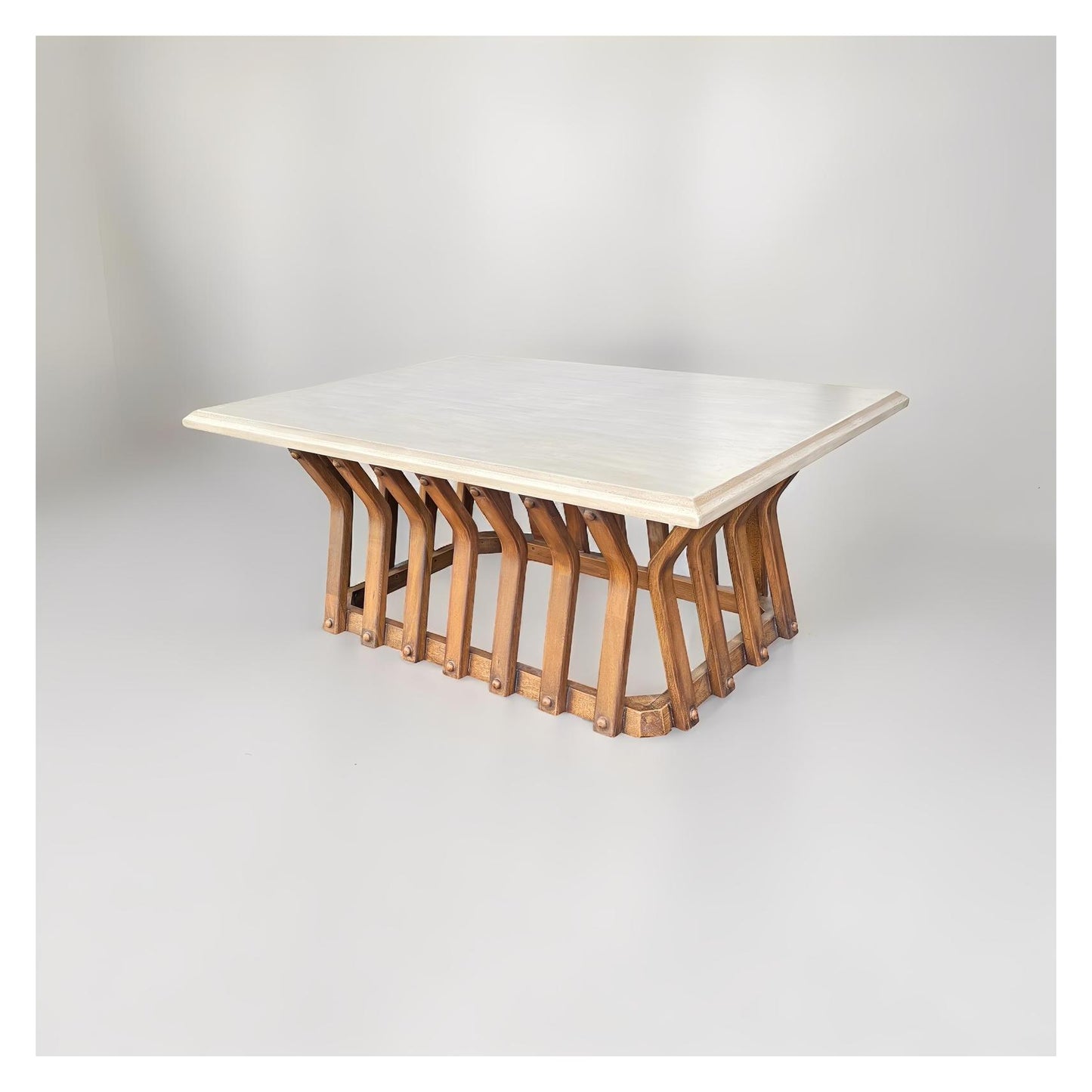 Pont-Aven Coffee table - Rectangle, Cream Top, Slatted Curved Wooden Base, Vintage Rustic Finish