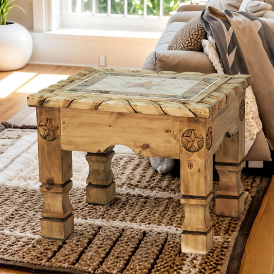 Rustic Pueblo End Tables (2-Pack) with Inlaid Tile Top & Storage Drawer
