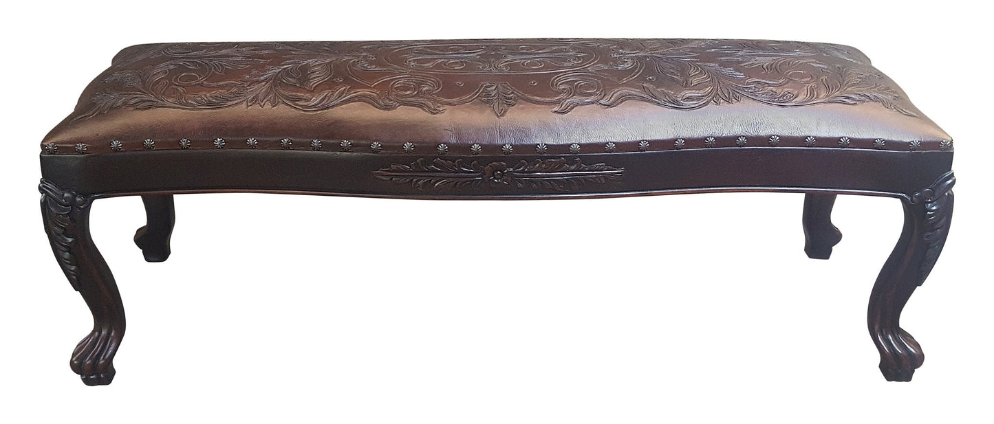 Brantôme Bench, Dark Brown Leather Upholstery, Embossed Floral Top With Nailhead Trim