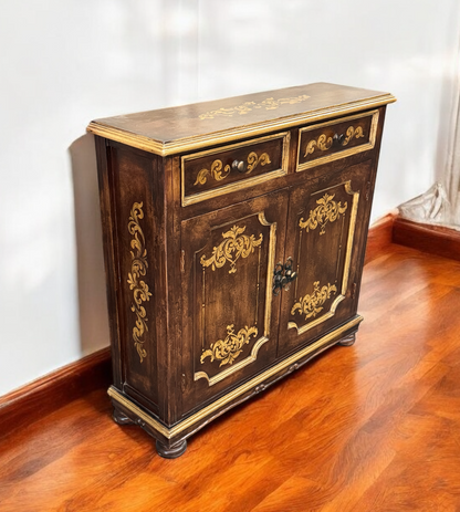 Langres Chest, Dark Brown Finish, With Ornate Gold Floral Inlay On Top, Handcrafted Antique Styling