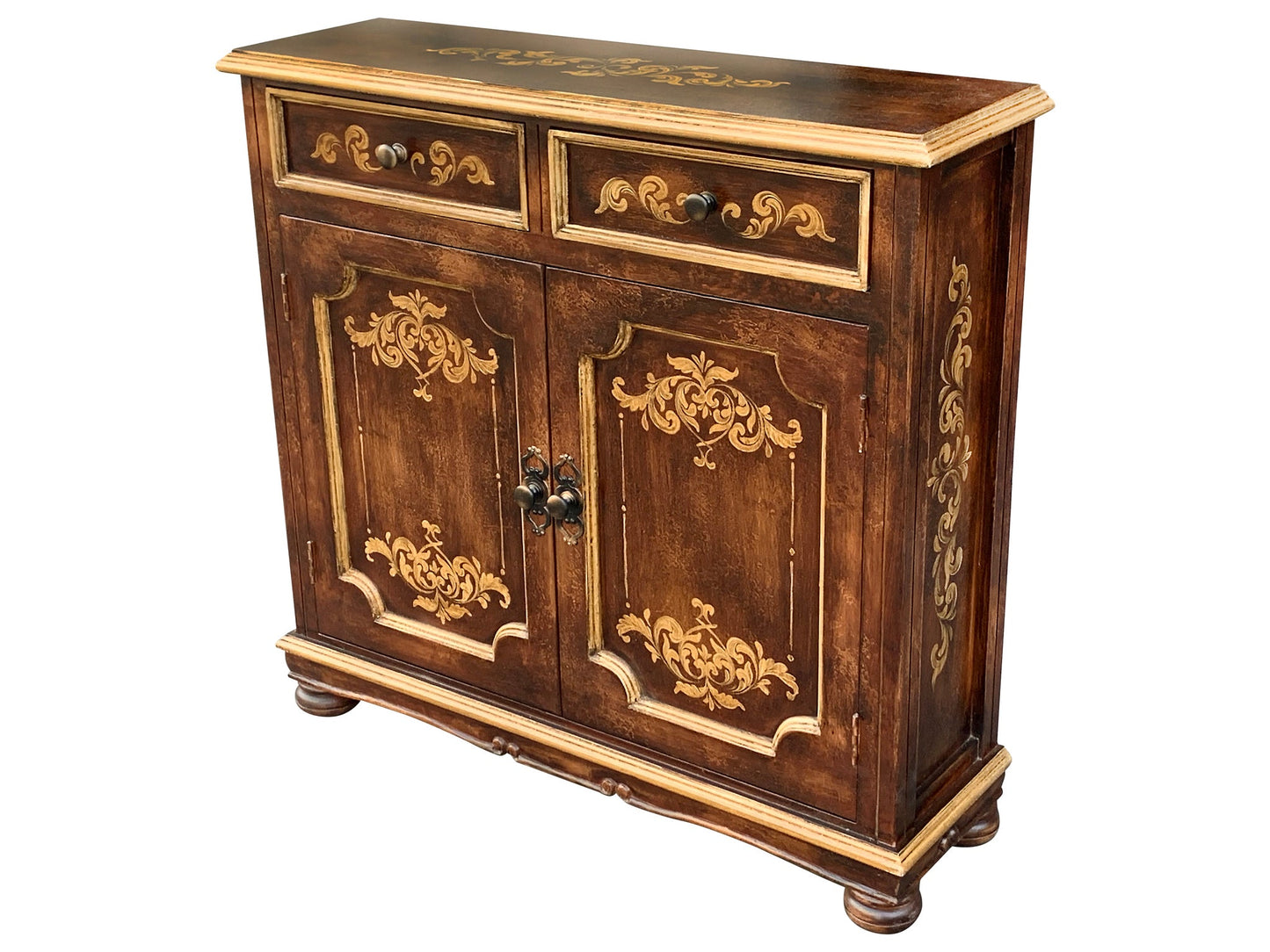 Langres Chest, Dark Brown Finish, With Ornate Gold Floral Inlay On Top, Handcrafted Antique Styling