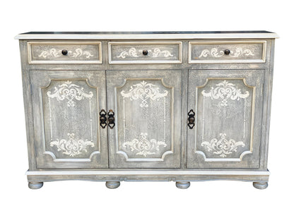 Sarzay Distressed Dining Room Buffet Table with Ornate Panels