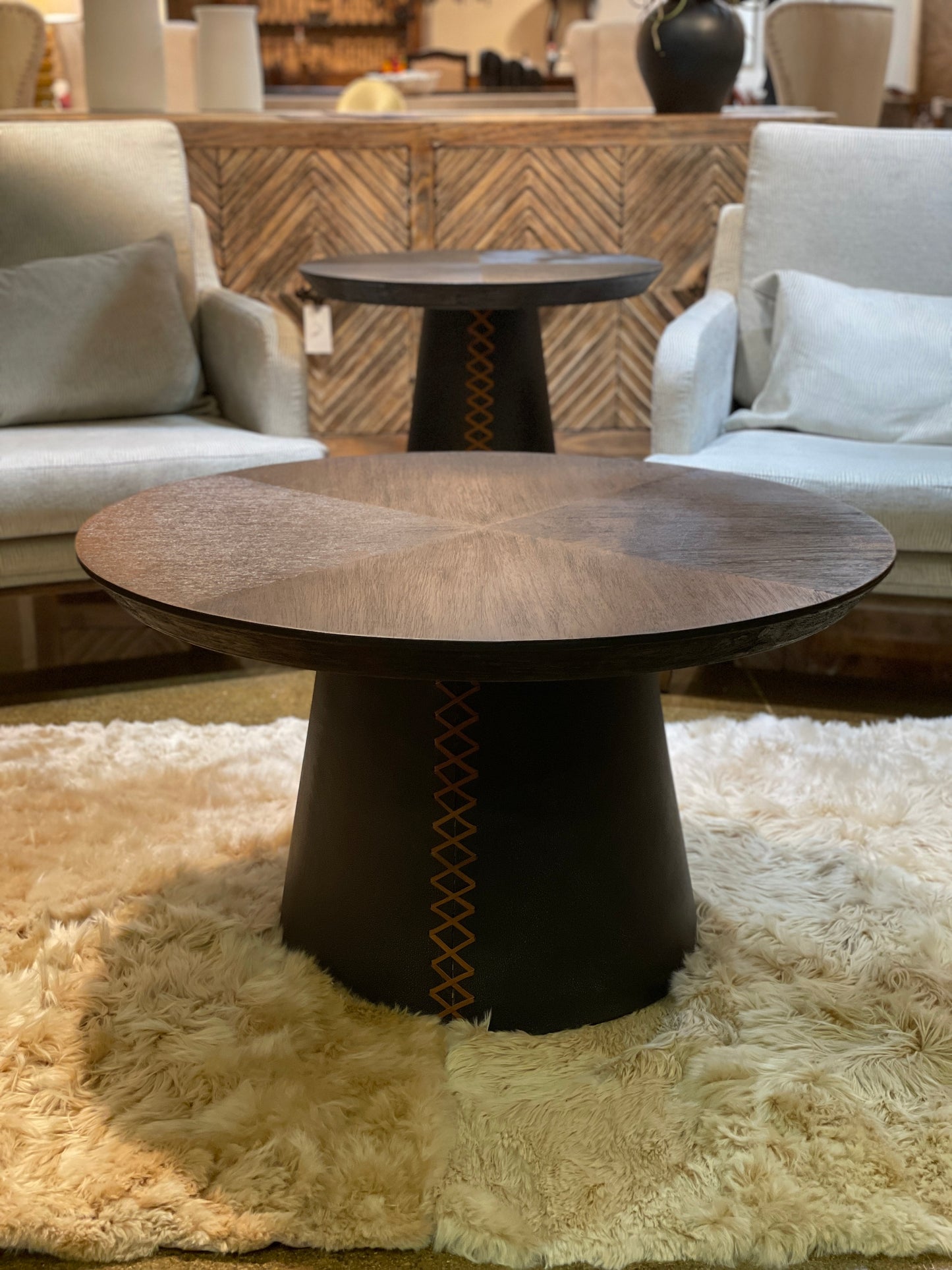 Le Crotoy End Tables (2-Pack), Black, Textured Brushed Metal Round Top, Orange Saddle Stitch Pedestal