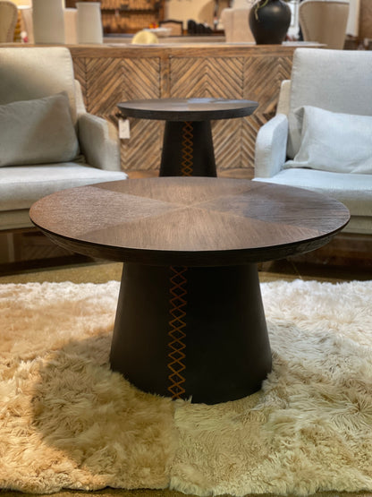 Le Crotoy End Tables (2-Pack), Black, Textured Brushed Metal Round Top, Orange Saddle Stitch Pedestal