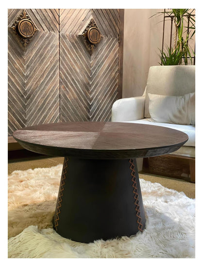 Rochefort-en-Terre Coffee Table - Round, Dark Walnut, Copper-Stitch Pedestal