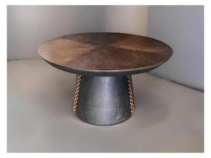 Rochefort-en-Terre Coffee Table - Round, Dark Walnut, Copper-Stitch Pedestal