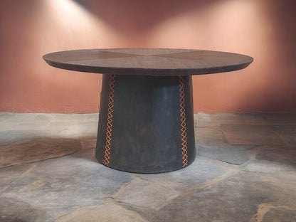 Bar-sur-Seine Dining Table - Round Dark Espresso Finish, Orange-Stitched Pedestal Base