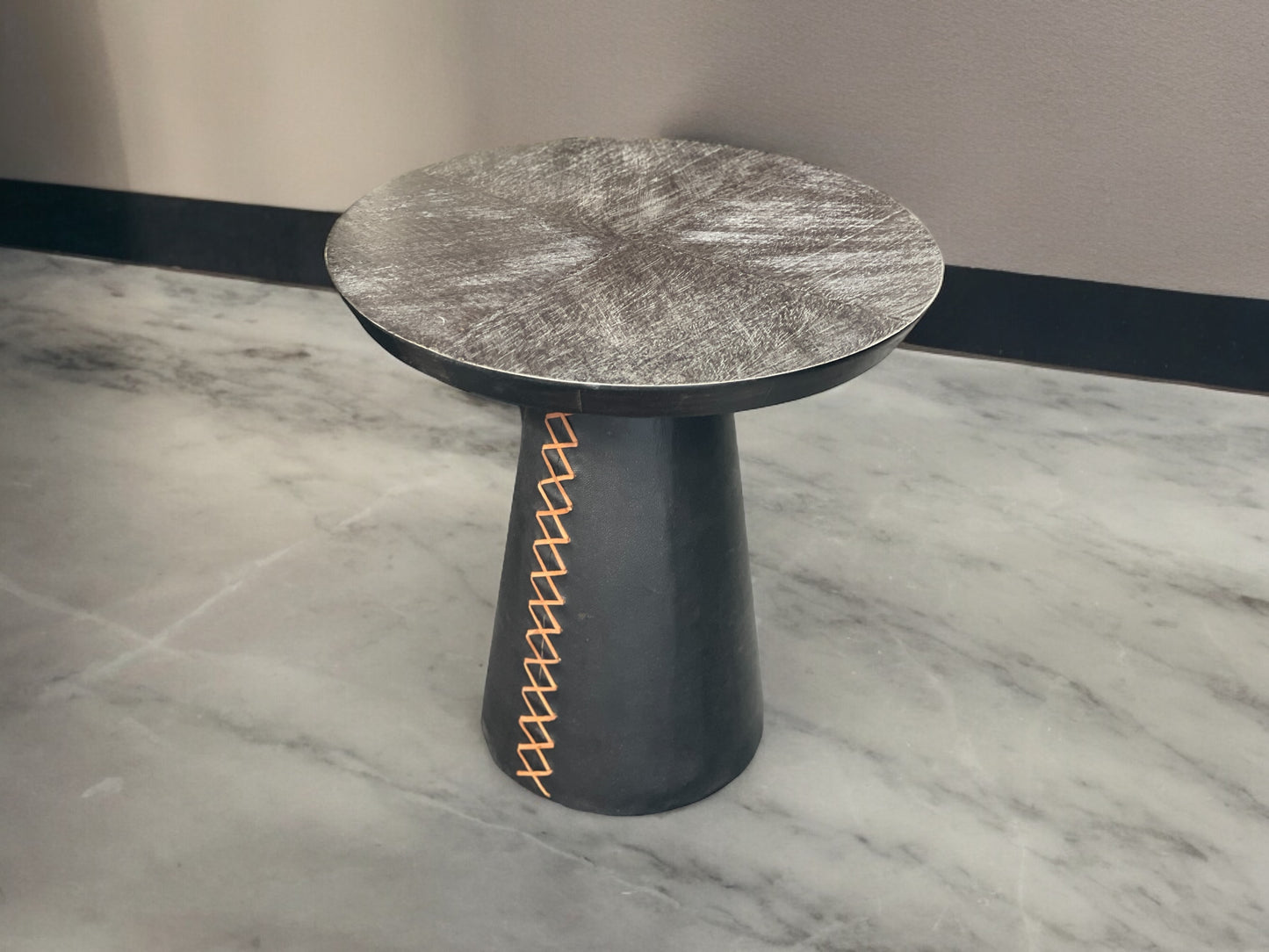 Le Crotoy End Tables (2-Pack), Black, Textured Brushed Metal Round Top, Orange Saddle Stitch Pedestal